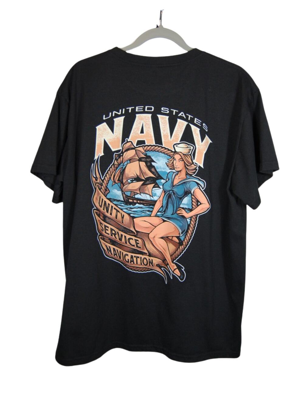 CHICYEA US Navy Graphic T Shirt Mens XL Sailor Pinup Nautical Military Black Tee